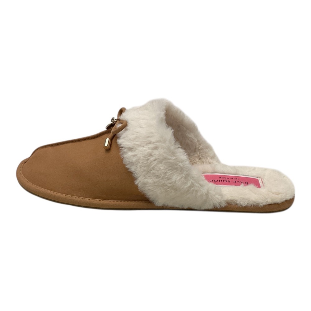 Kate Spade Lacey Slippers Mules Tan Faux Fur‎ Bow Detail Women's Size 10 B